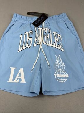ROMWE Los Angeles Graphic Basketball Shorts Mens M Baby Blue Y2K Streetwear NWT
